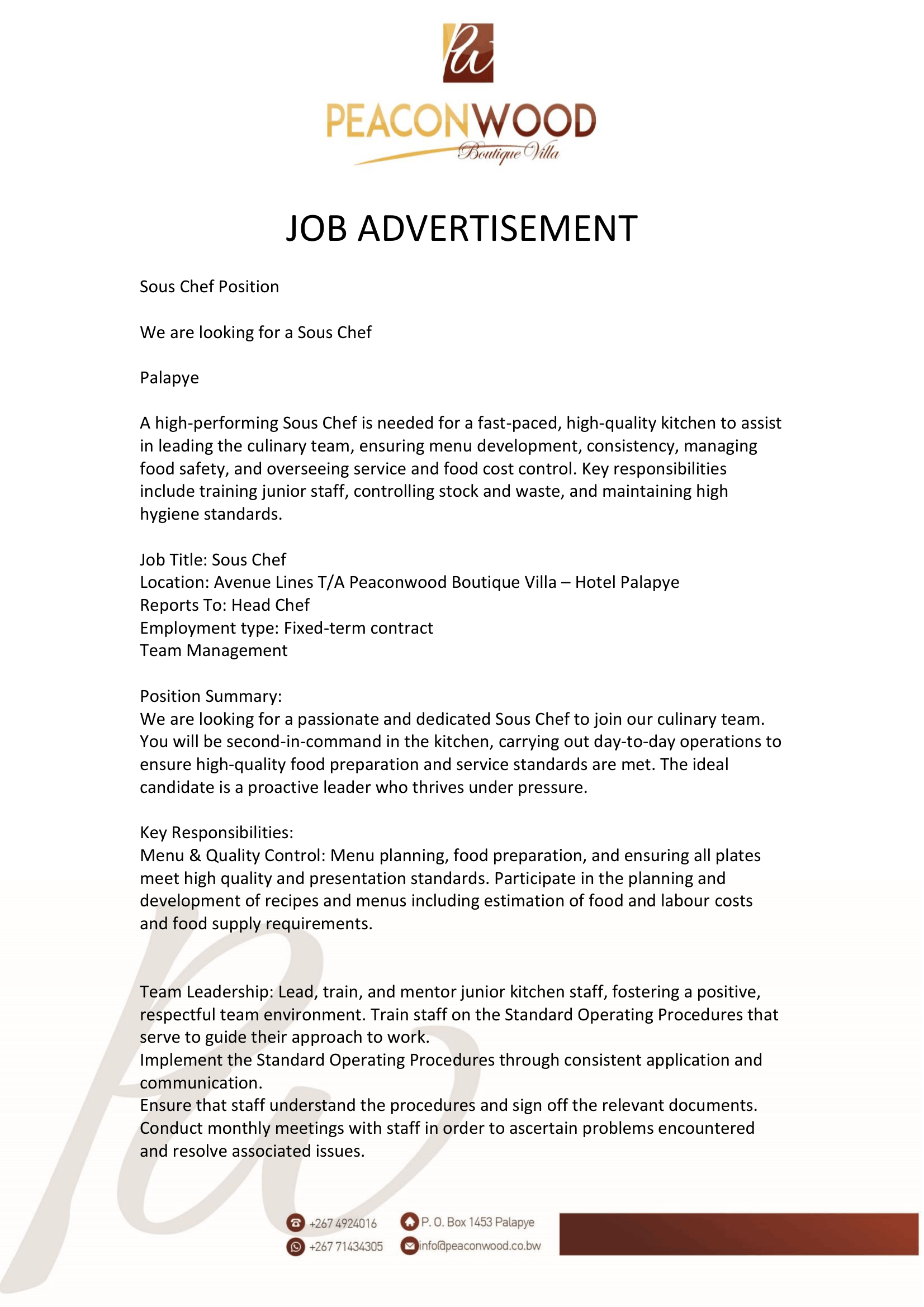 Sous Chef Job Opportunity